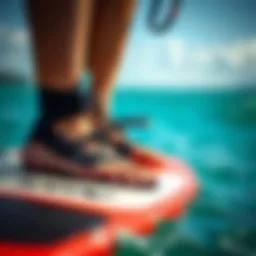 Detailed view of kitesurfing foot straps on a board