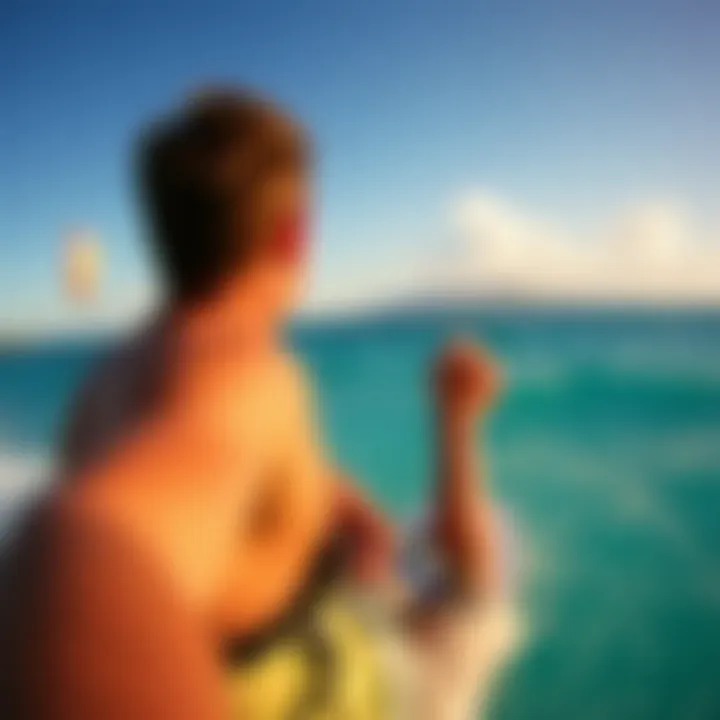 A breathtaking view of a kitesurfer riding the waves in Hawaii with a backdrop of vibrant blue skies.