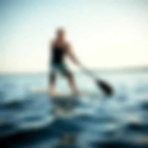 Paddle boarder demonstrating knee pads on a serene lake