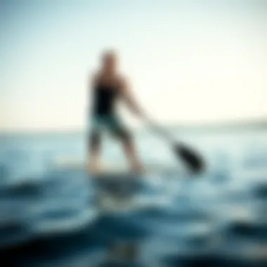 Knee Pads in Action on the Water Paddle boarder demonstrating knee pads on a serene lake