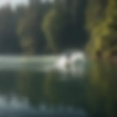 A serene lake scene with surfers taking advantage of the unique conditions