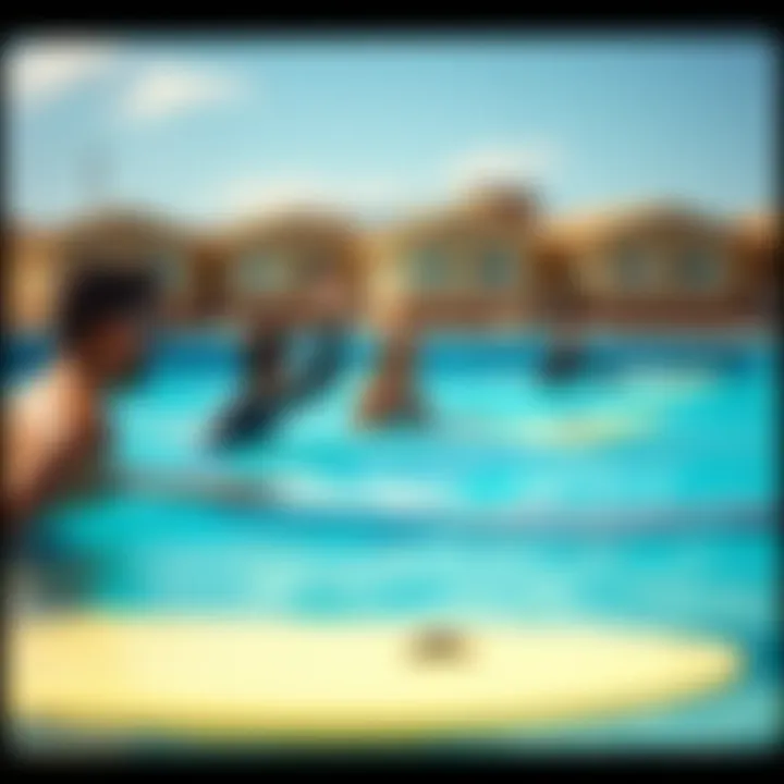 Group of Surfers Enjoying a Session in a Surf Pool Group of surfers enjoying a session in a surf pool