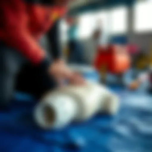 Demonstrating CPR technique on a mannequin