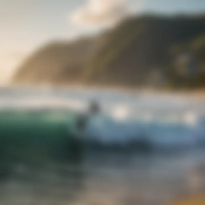 Scenic beach view with surfers in the background