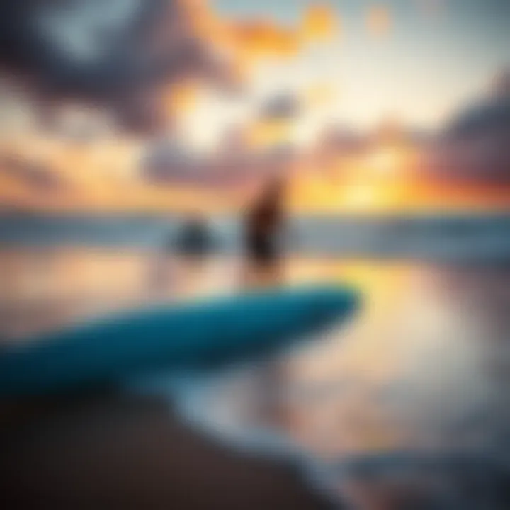 A serene beach at sunrise, perfect for surf training