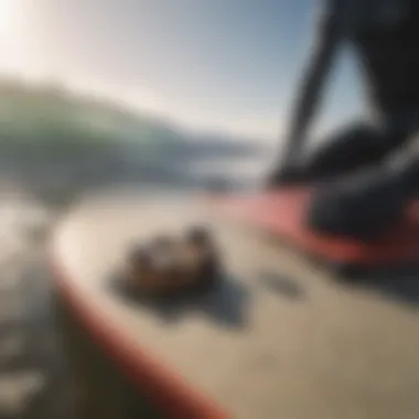 A close-up of surf gear including a board and wetsuit