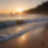 A serene beach at sunset with waves gently lapping the shore