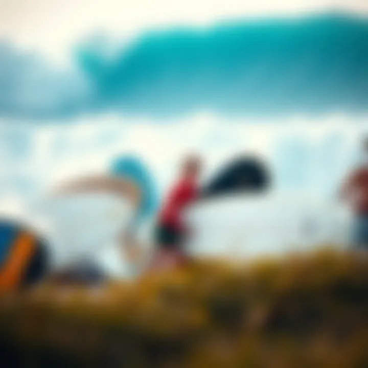 Collection of eco-friendly surf gear, showcasing sustainable materials