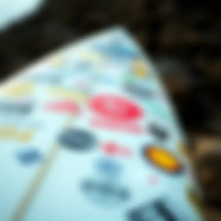 Surfboard adorned with brand logos, embodying surf culture