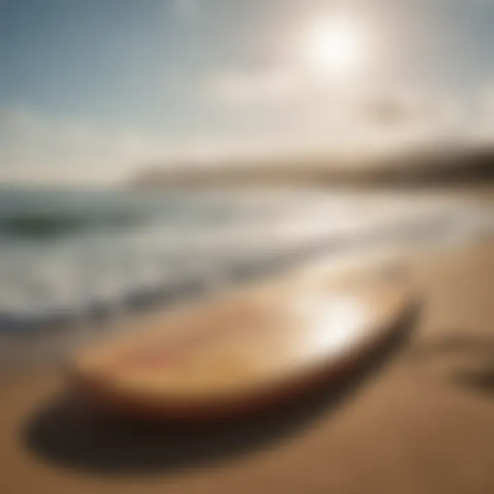 A serene beach scene featuring a Meyer skimboard resting on the sand