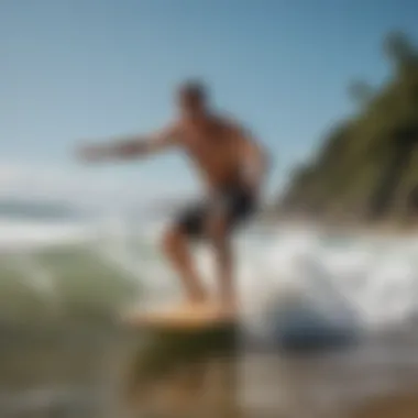 A dynamic image showcasing a Meyer skimboard in action on the waves