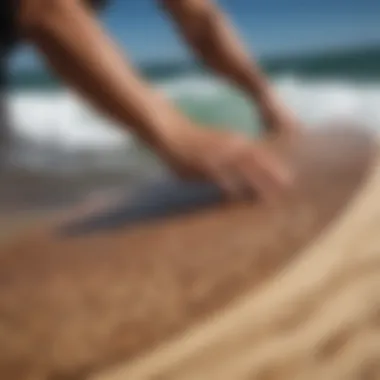 Close-up view of the intricate design and craftsmanship of a Meyer skimboard