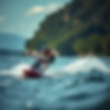 Scenic landscape showcasing a motorised wakeboarder carving through waves