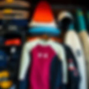 Essential Surf Gear Collection A close-up of surf gear such as wetsuits and accessories arranged attractively.
