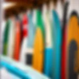 A vibrant display of surfboards showcasing various designs and colors.