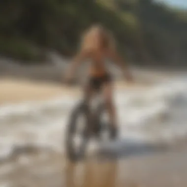 An enthusiastic cyclist riding with a surfboard, capturing the joy of combining biking and surfing.