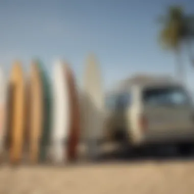 Various types of surfboard carriers displayed together for comparison, highlighting distinct designs and features.