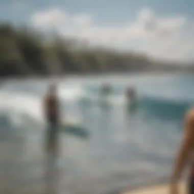 A vibrant beach scene showcasing beginners learning to surf with an instructor.