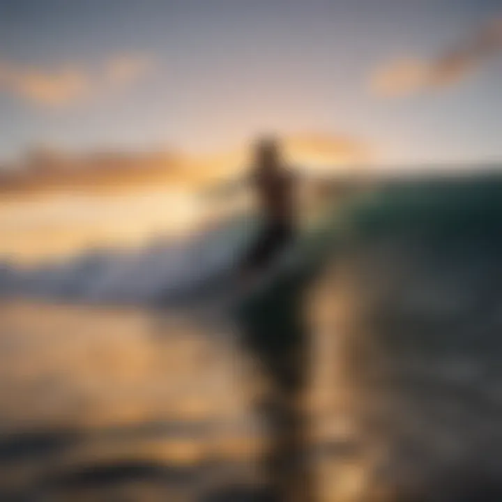 A stunning shot of a surfer catching a wave at sunset on the Big Island.