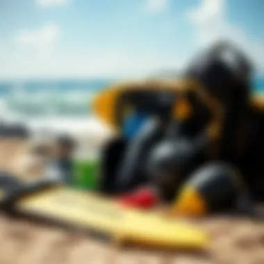 Equipment for surfing laid out on the beach with scenic ocean backdrop