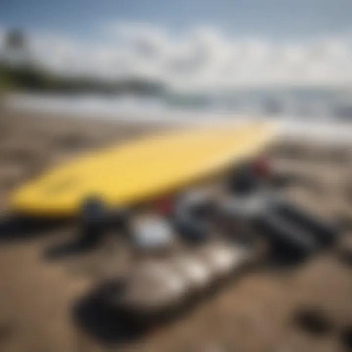 A close-up of essential surfing equipment laid out on the beach.