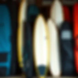 A variety of surfboard bags displayed open, showcasing their interiors and padding.