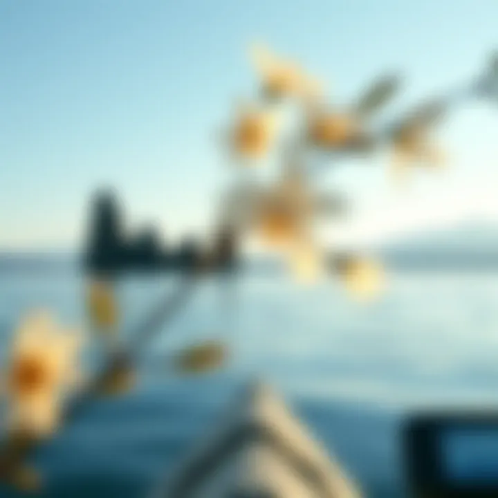 Nature's Guidance: Landmarks in Watersports A serene water landscape with natural landmarks aiding in orientation.