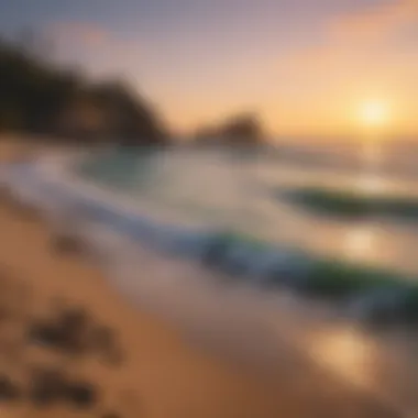 A serene beach at sunset with calming sounds