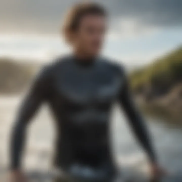 Person showcasing the wetsuit in a cold water environment