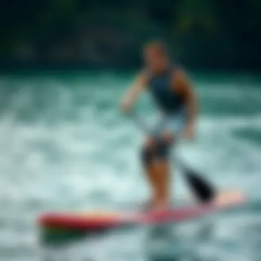 Proper Paddle Boarding Technique with Knee Protection Paddle boarder showcasing proper technique while wearing knee pads