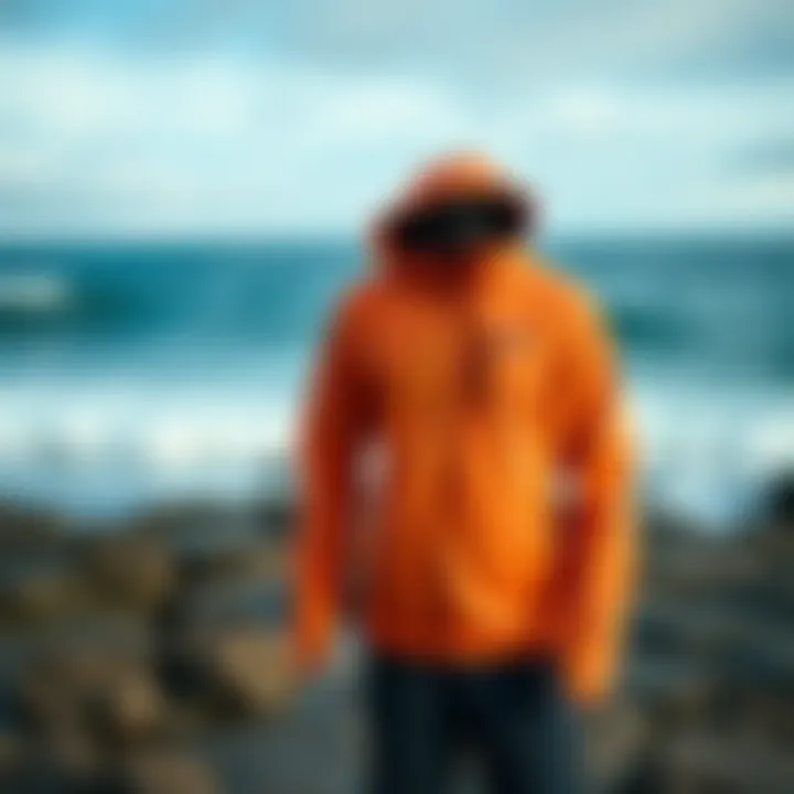 The Patagonia Light Hoodie displayed on a rocky shore with ocean waves in the background