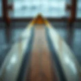 Detailed view of a performance surfboard showcasing its shape and design