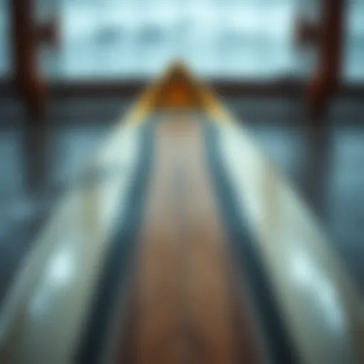 Detailed view of a performance surfboard showcasing its shape and design