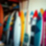 A vibrant surfboard collection showcasing various designs and colors