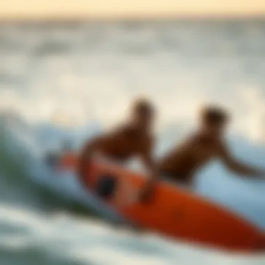 Surfers Embracing the Waves Surfers enjoying a dynamic wave with branded gear