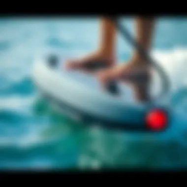 Sleek Technology of Powered Hydrofoil Board Close-up view of a powered hydrofoil board showcasing its sleek design and advanced technology