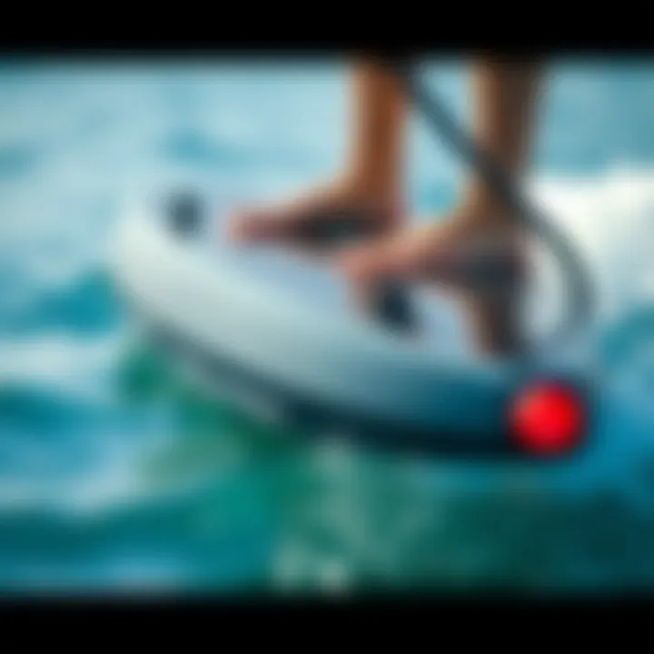 Sleek Technology of Powered Hydrofoil Board Close-up view of a powered hydrofoil board showcasing its sleek design and advanced technology