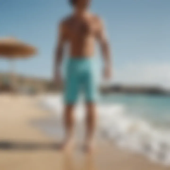 Lifestyle shot of Quiksilver aqua shorts worn during beach activities