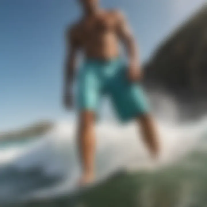 Quiksilver aqua shorts in action during a surfing session