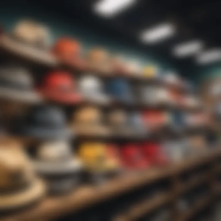 Quiksilver beach hats on display in a vibrant shop