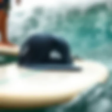 Close-up view of a Quiksilver trucker hat on a surfboard