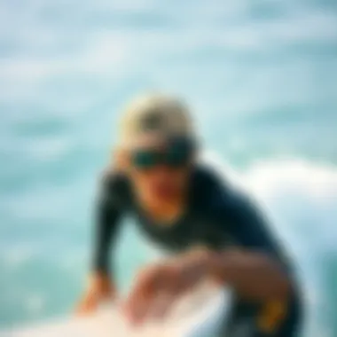 Fashionable individual wearing a Quiksilver trucker hat while surfing