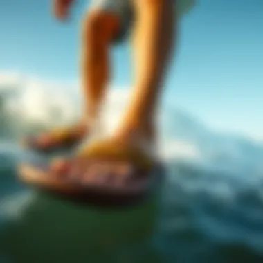 Reef sandals in action during surfing