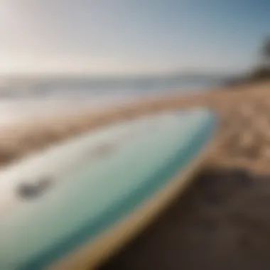 A well-maintained surfboard ready for rental