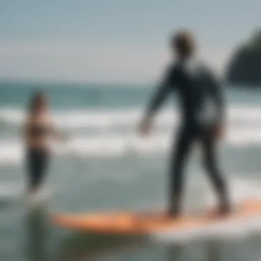 A beginner surfer receiving safety instructions before hitting the waves