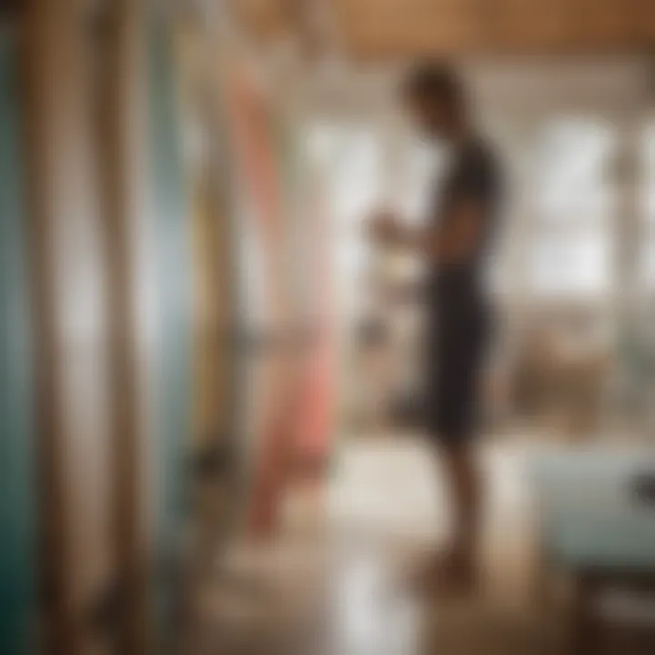 A surfer selecting the ideal surfboard from a rental shop