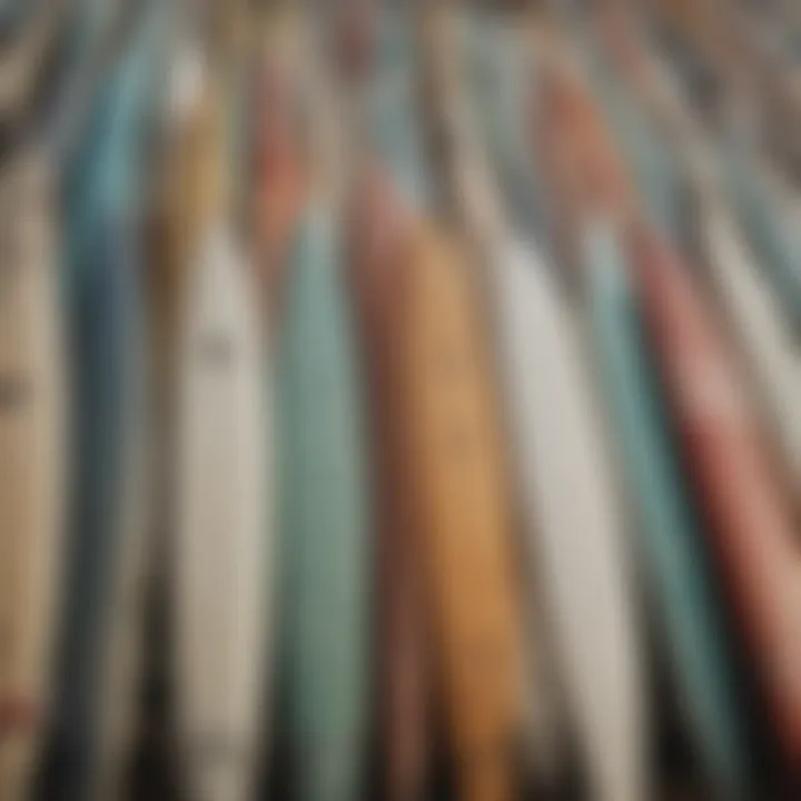 Close-up of various surfboard types available for rent