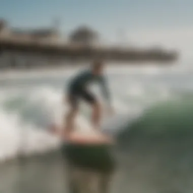 Surfers enjoying the waves near the boardwalk, illustrating the vibrant surf culture