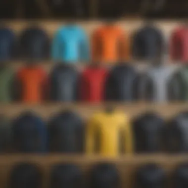 Display of various RVCA wetsuit tops in different colors and styles