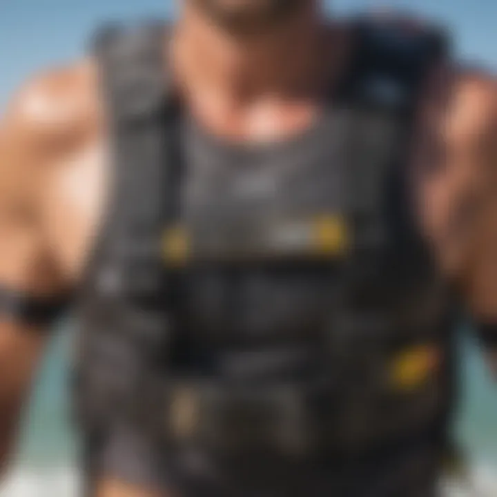 A close-up of a kitesurfing safety harness demonstrating its features.